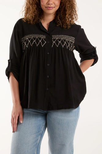 Embroidered Elastic Black Shirt