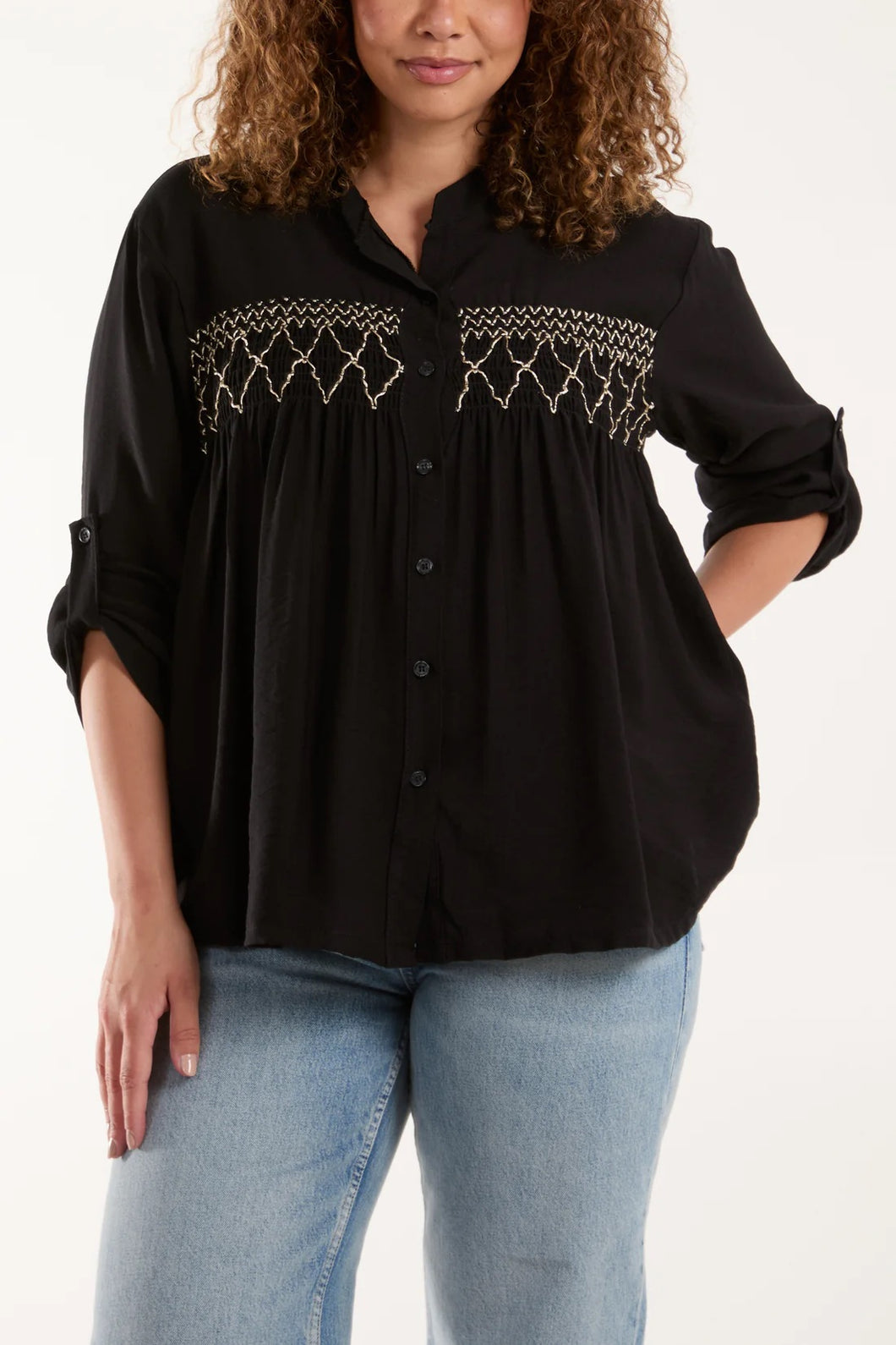 Embroidered Elastic Black Shirt